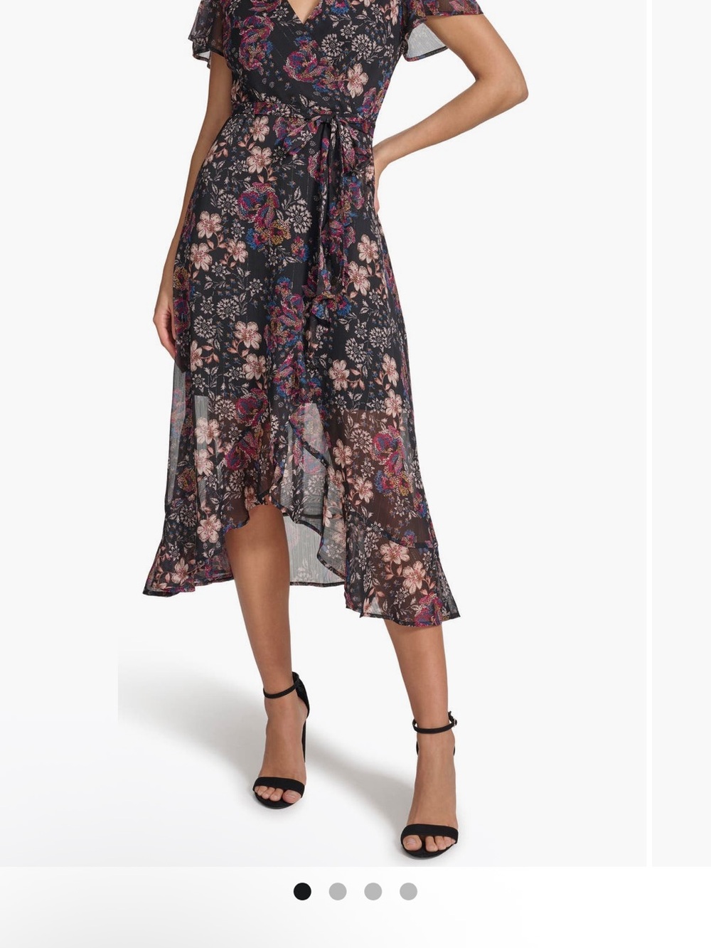 Kensie Black Floral High-Low Midi Dress with Pink & Purple Details